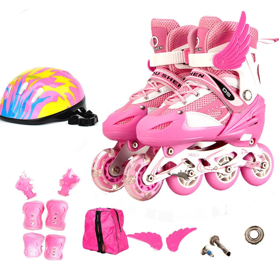 Children's adjustable skating shoes with protective gear set showing aluminium frame and wheels