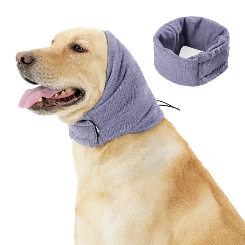 Black dog calming hoodie with ear wraps and closure, shown on a dog model