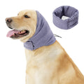 Black dog calming hoodie with ear wraps and closure, shown on a dog model