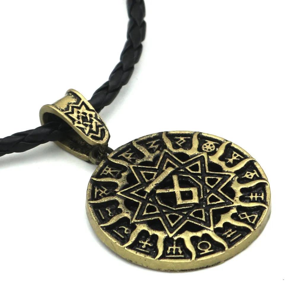 Lunavin ODing logo pendant necklace with snake bones chain and leather rope options in antique silver finish