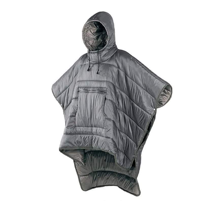 Army Green outdoor cloak sleeping bag wearable camping blanket showing cape and blanket functions