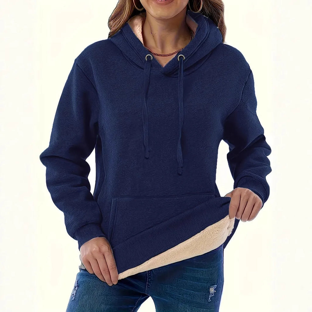 Women's thick grey hooded pullover sweater with 3D pattern and front pockets