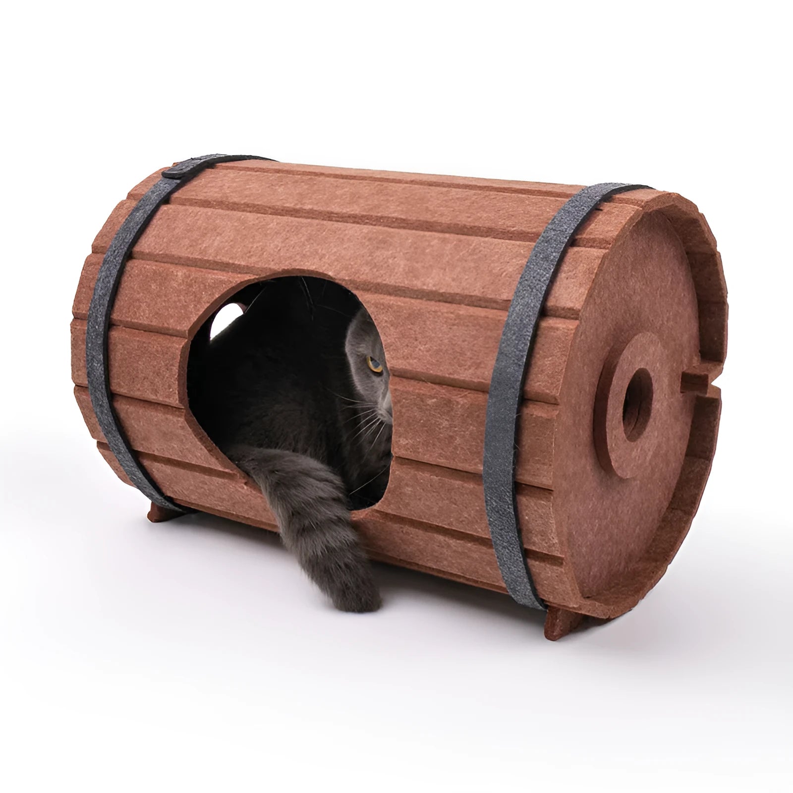 Assembled wine barrel shaped cat bed made from three polyester fibre felt panels with binding straps