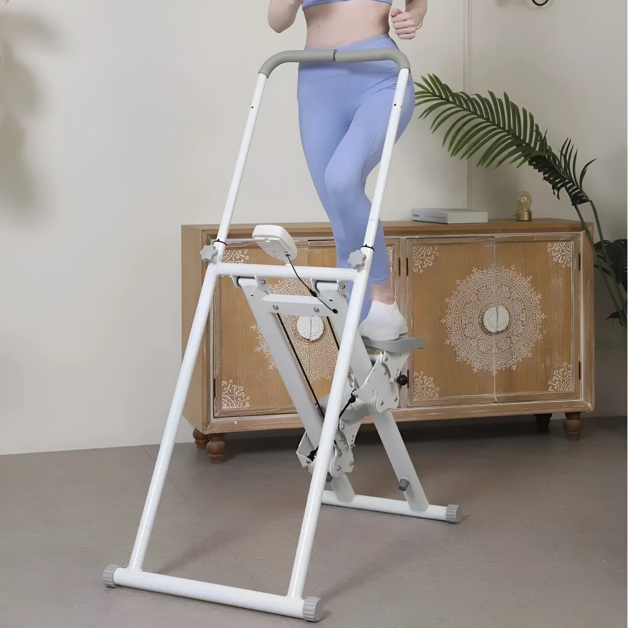 Starlight White foldable multifunction treadmill with integrated overhead climbing frame.