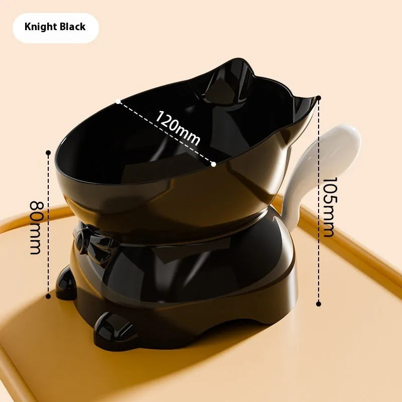 Stainless steel oblique anti-fall cat bowl in black, blue, pink, and yellow colour options.