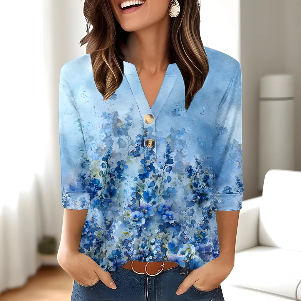 Women's casual V-neck top with 3D printed pattern in loose Japanese Korean style