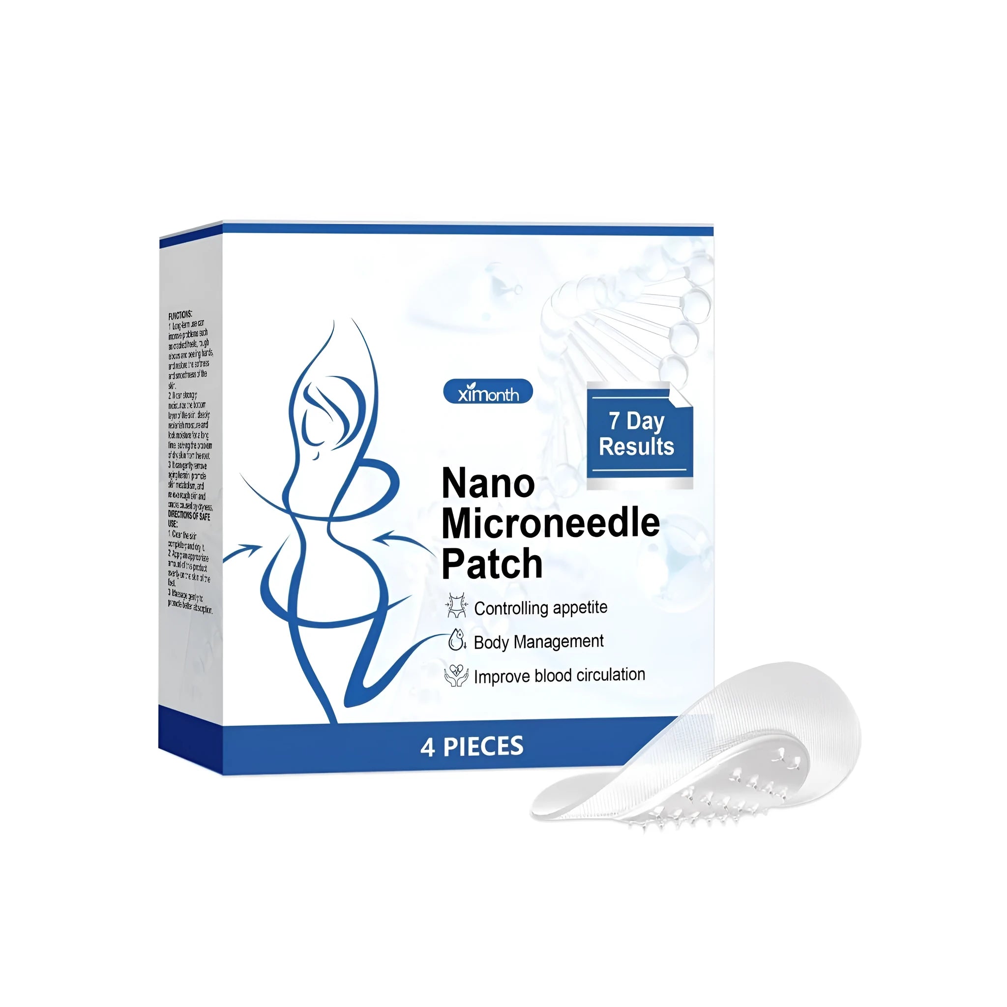 Four nano microneedle body shaping patches in a pack, featuring botanical ingredients cinnamon ginger and mugwort.