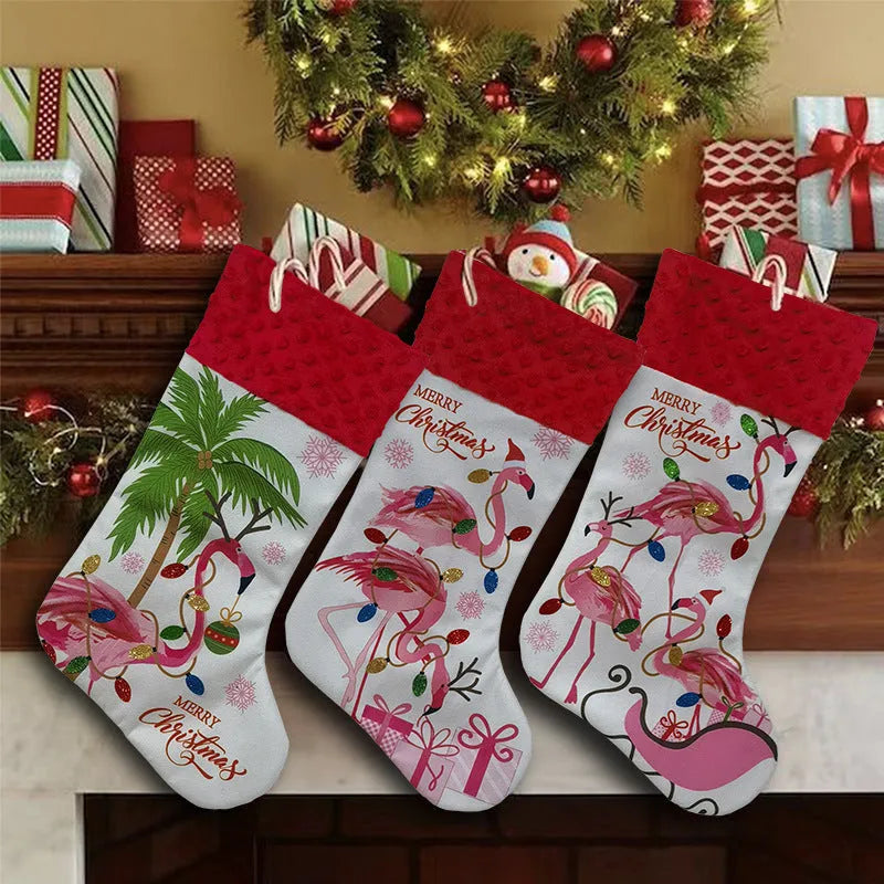 Red and white flamingo print cloth Christmas stocking hanging decoratively.