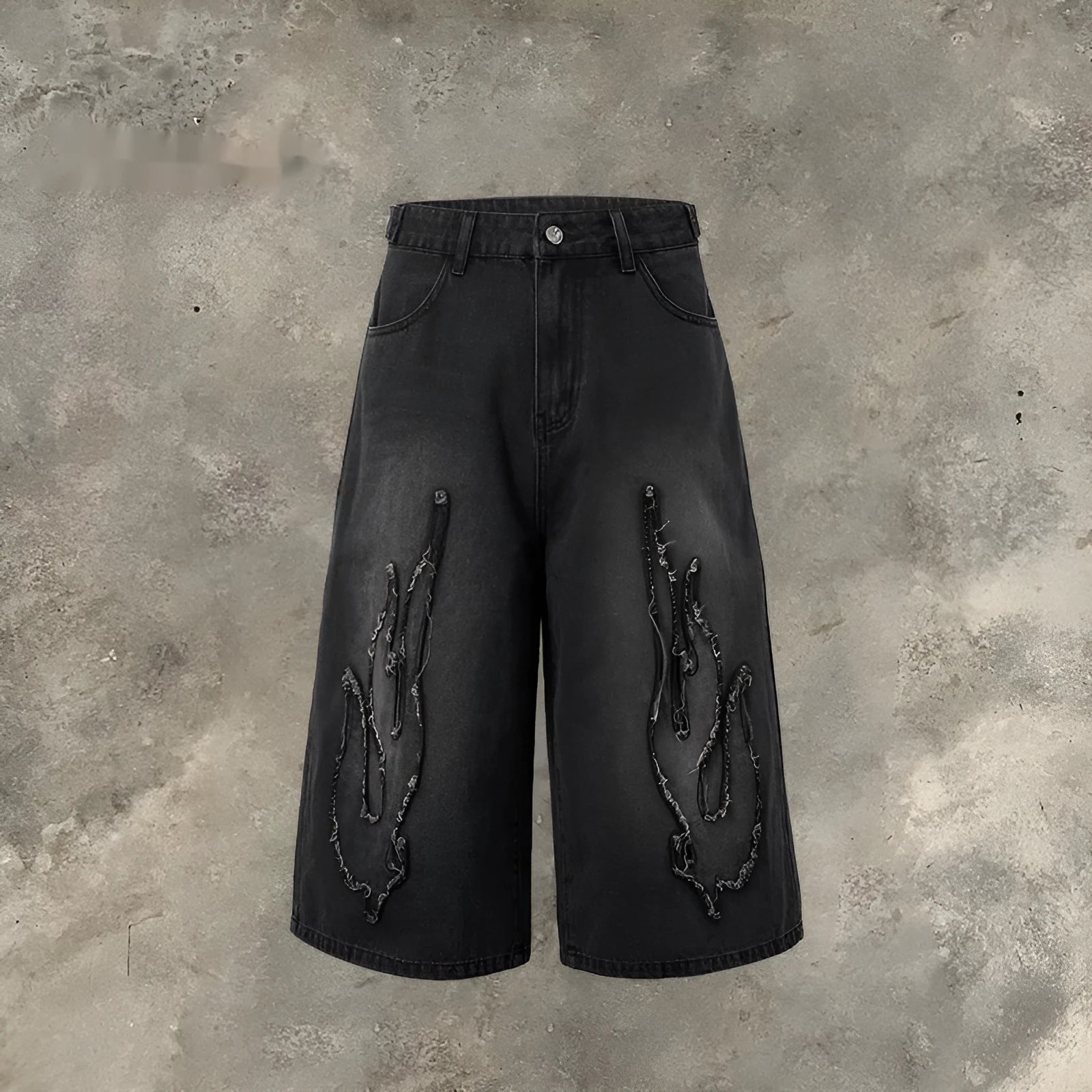 Men's black cotton denim shorts with flame embroidery patches and straight fit cut