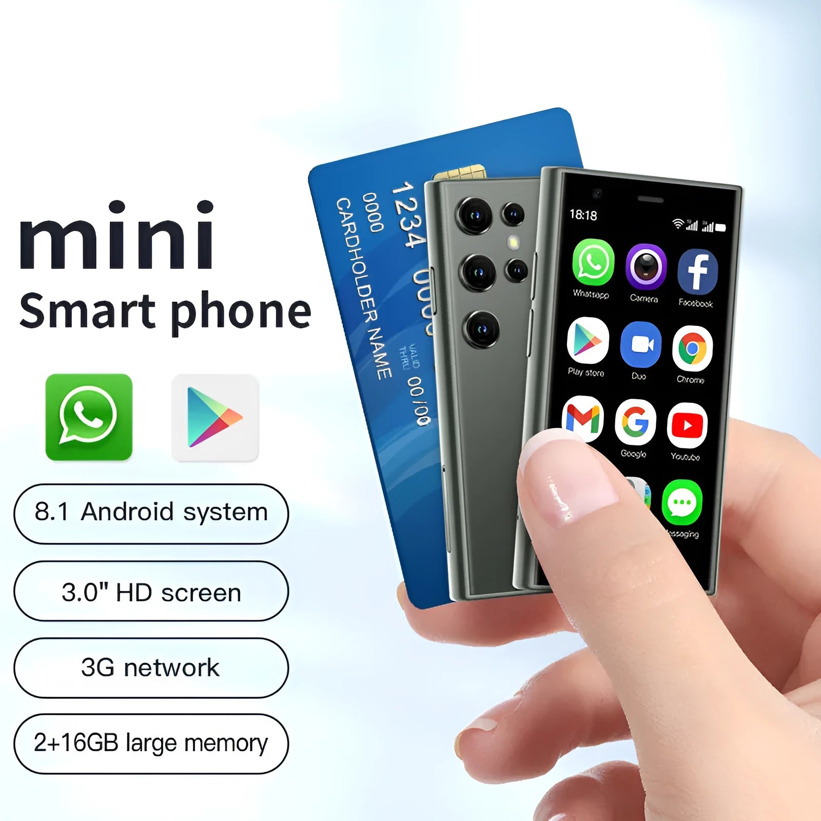 Mini smartphone with 30 screen in black, green or pink purple colours showing straight plate design