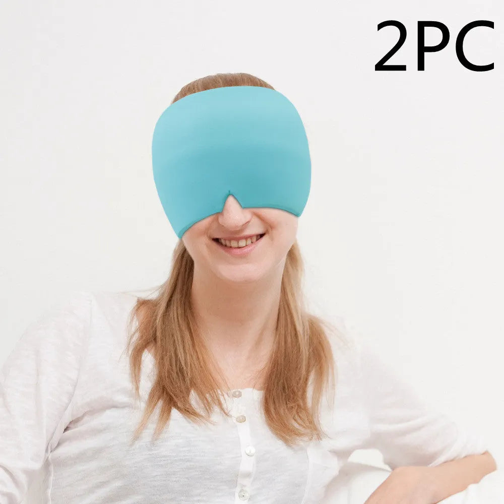 Black adjustable cold compress gel eye mask for headache relief on a plain background.
