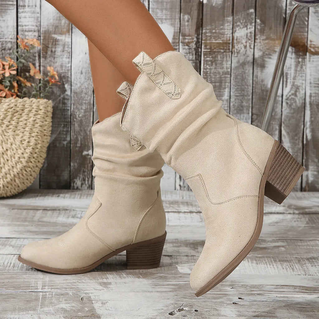 Plus size women's suede mid-calf boots with a chunky heel in lotus root colour and milky white.