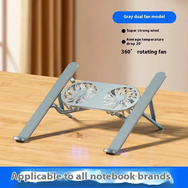 Aluminium alloy folding laptop cooling stand with twin fans and height adjustment mechanism