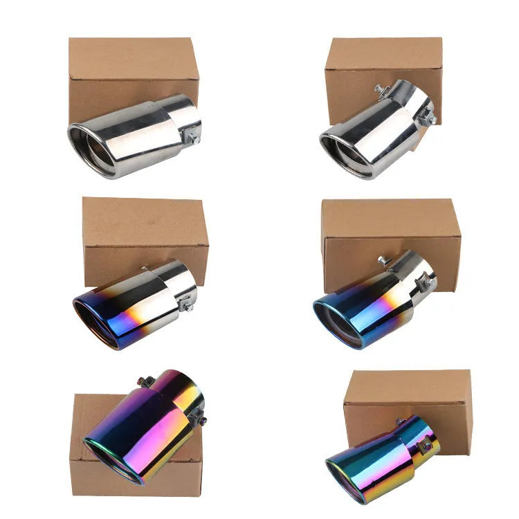 Stainless steel car exhaust tail pipe tip in baked blue finish, showing straight and curved shape options.