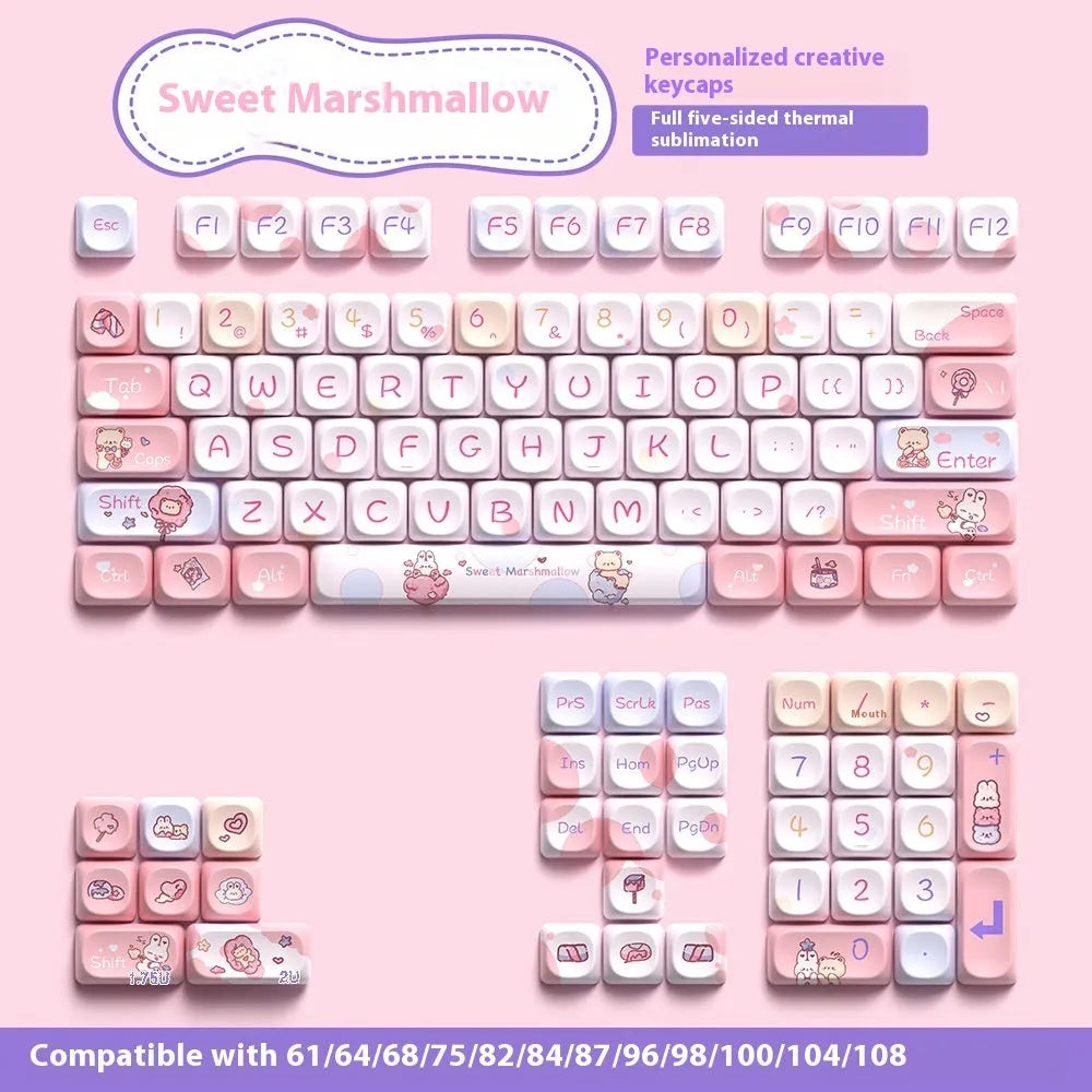 Sweet cotton candy coloured PBT plastic keycap set for mechanical keyboards, showing 112-key and 120-key options.