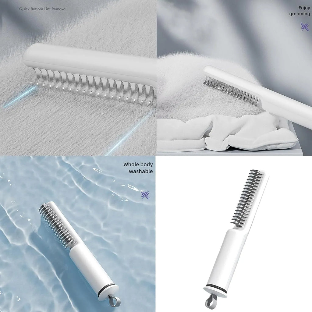 Stainless steel dog dematting comb with a handle, shown in pink and white colour options.