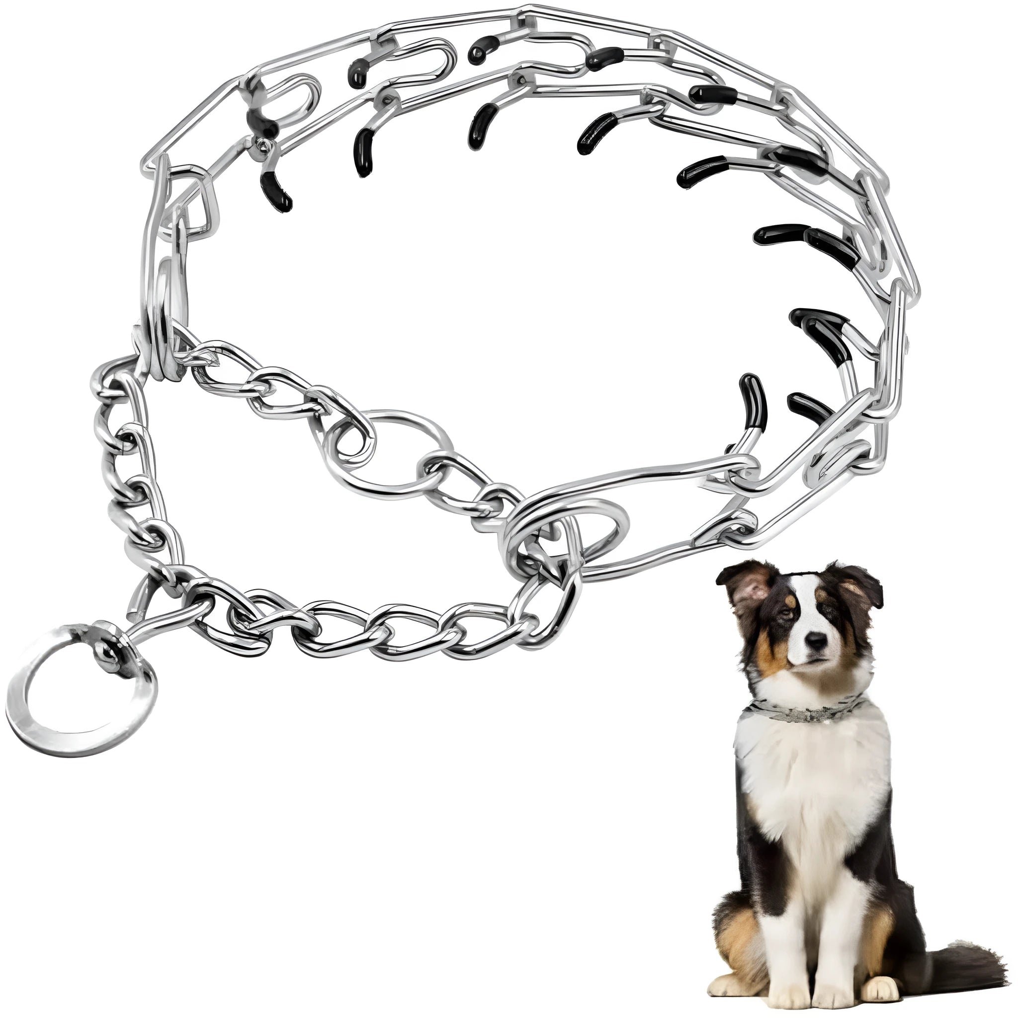 Stainless steel dog prong training collar with round links, rubber tips, shown in adjustable sizes for medium and small dogs.