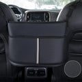 Black leather car seat net pocket with sports carbon fibre pattern hanging in middle of seat