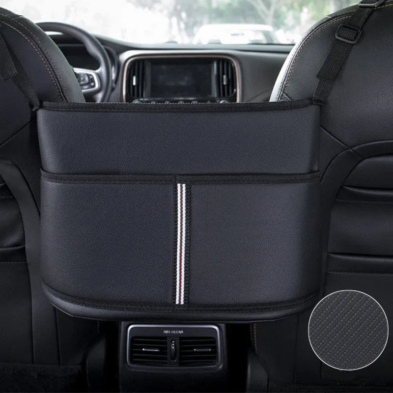 Black leather car seat net pocket with sports carbon fibre pattern hanging in middle of seat
