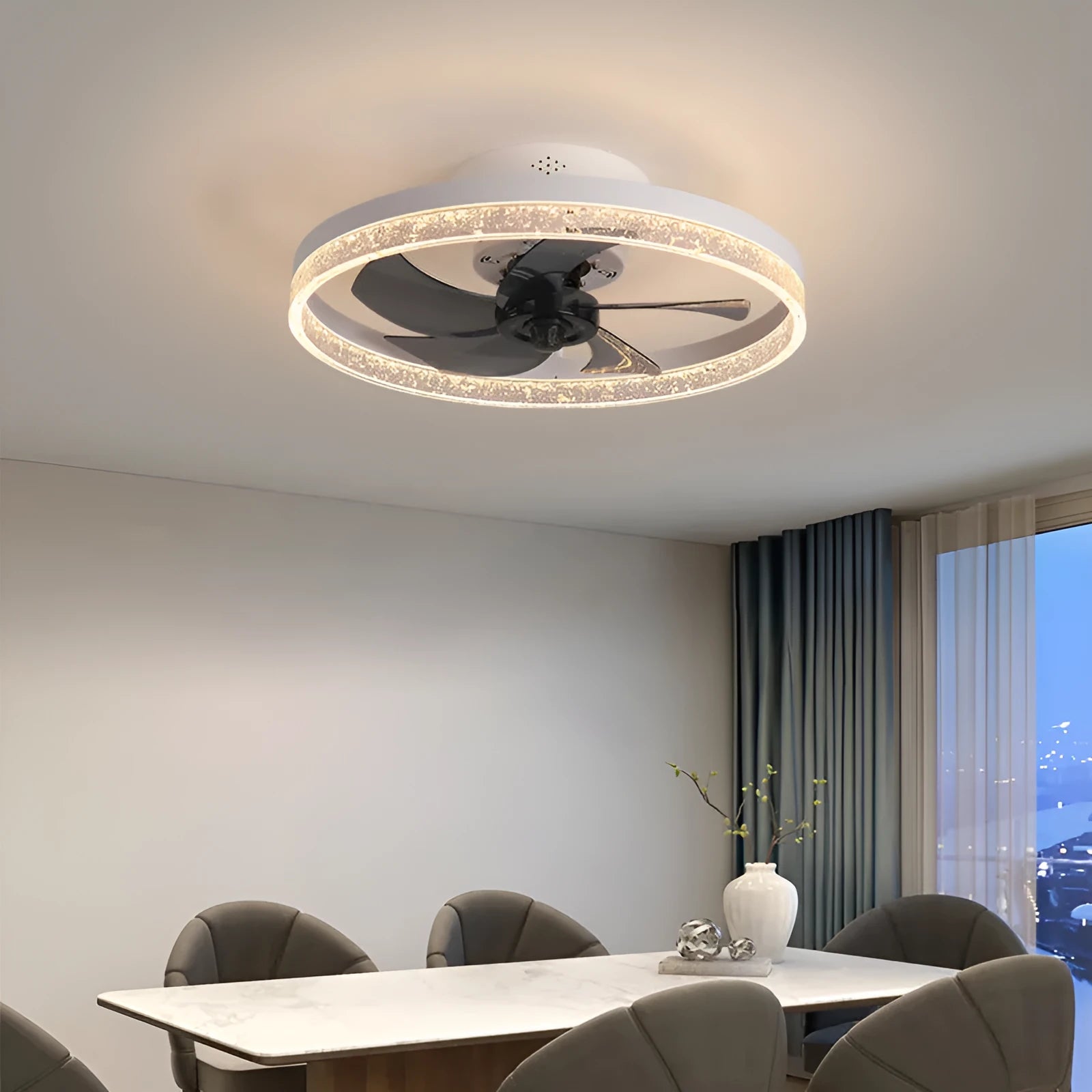 Nordic style ceiling fan lamp with remote control and LED lighting in coffee gold finish