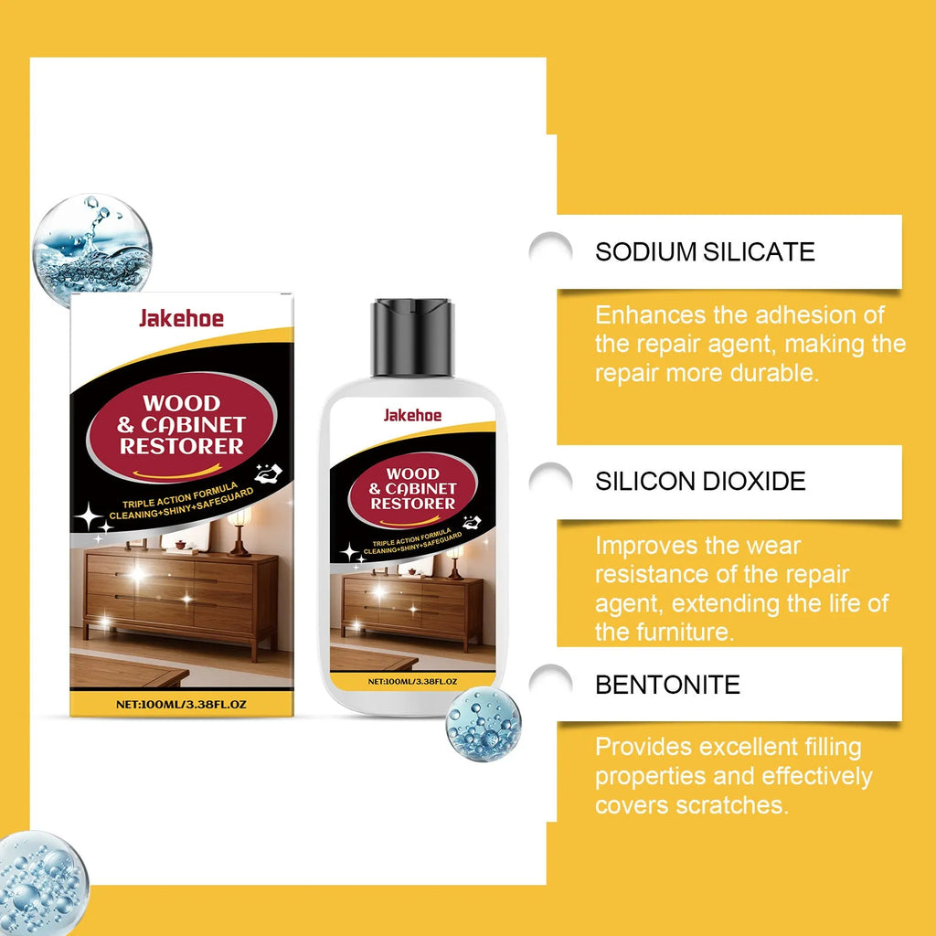 Wooden furniture scratch care solution kit with 100ml bottle and 20x20cm application cloth