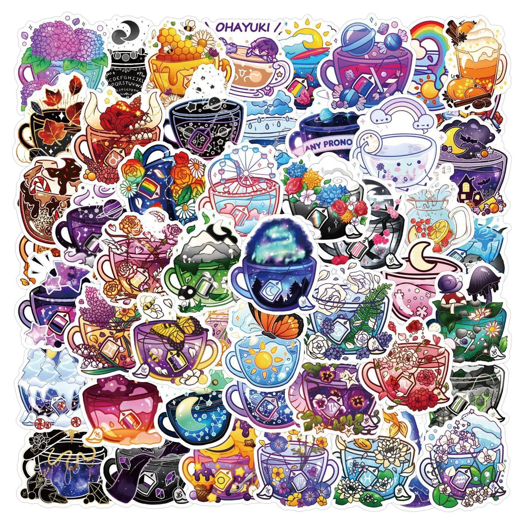 Colourful tea cup graffiti design waterproof stickers in a pack of 50 for scooter and luggage customisation.