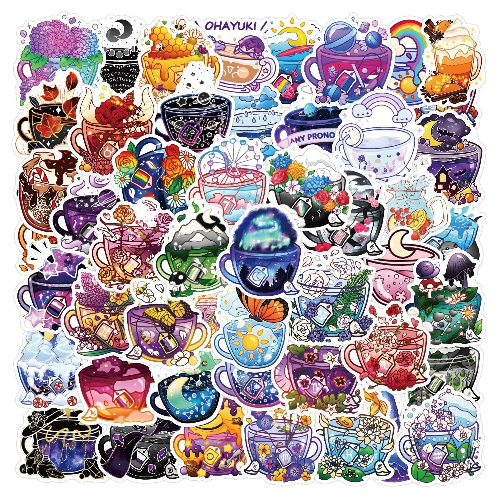 Colourful tea cup graffiti design waterproof stickers in a pack of 50 for scooter and luggage customisation.