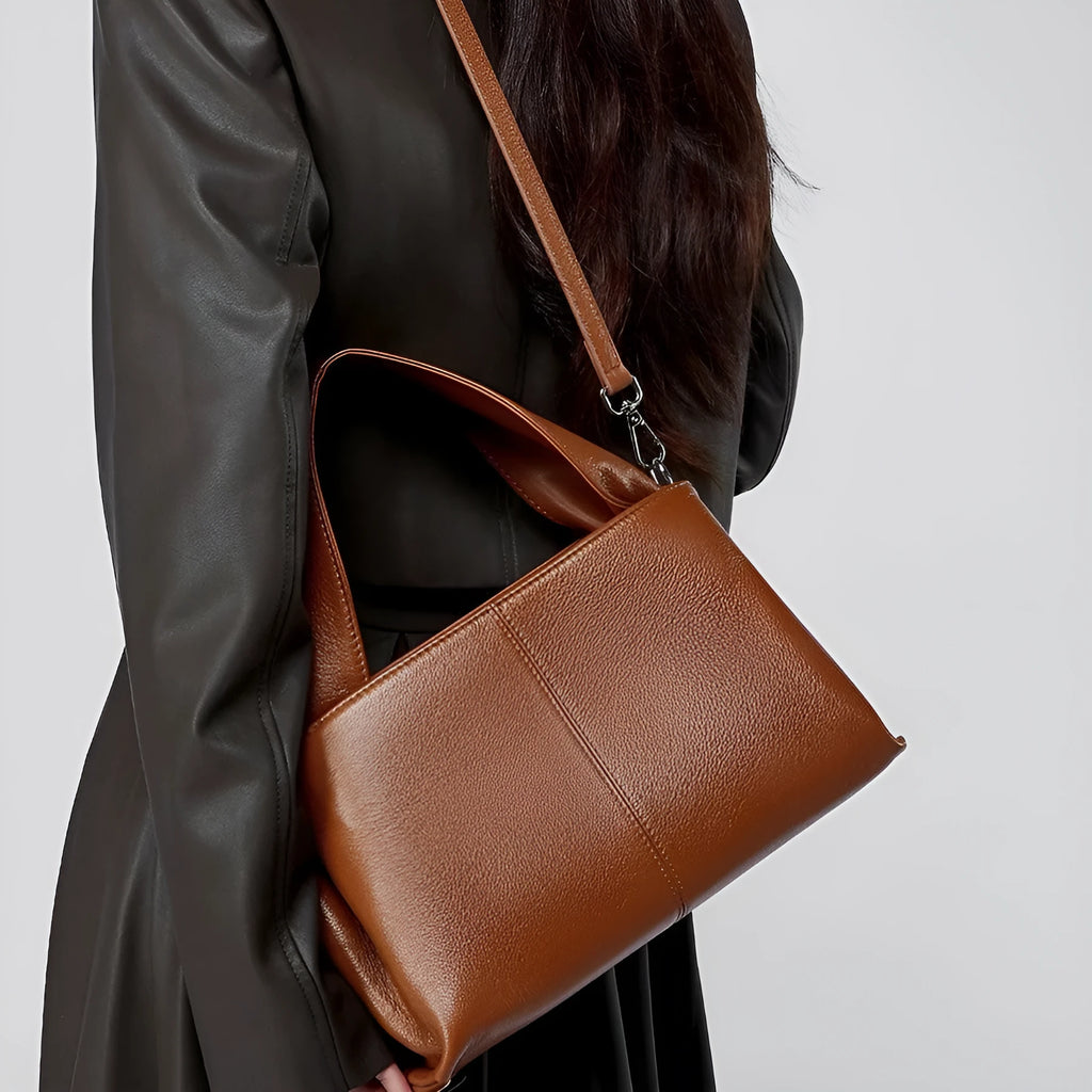 Women's genuine leather messenger bag in horizontal square shape with double shoulder strap