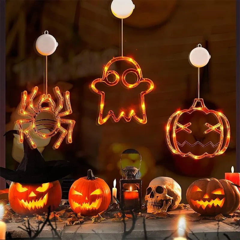 Halloween window hanging LED lights with seven designs including spider, pumpkin, ghost, and bat motifs