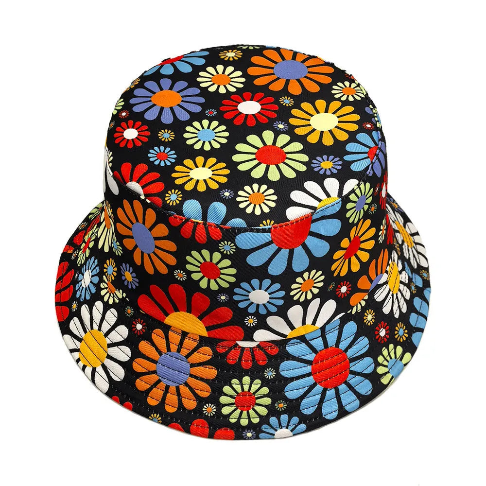 Colourful flower print polyester bucket hat with a dome crown on a neutral background.