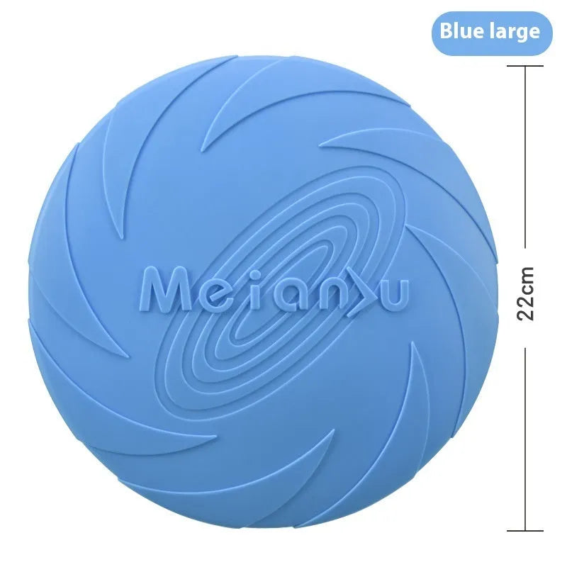 Soft rubber dog frisbee flying disc toy shown in blue, available in small, medium, and large sizes.