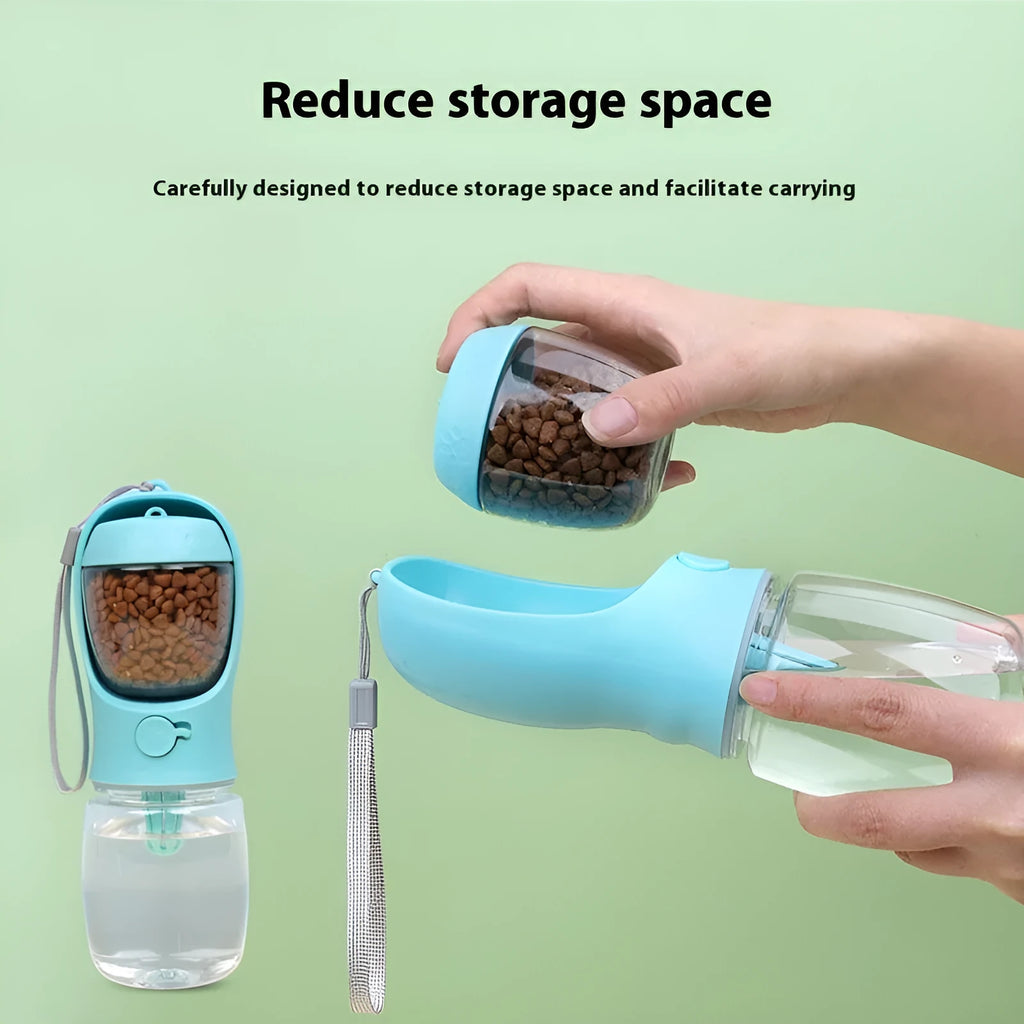 Blue portable plastic dog water cup with attached drinking bowl for outdoor use