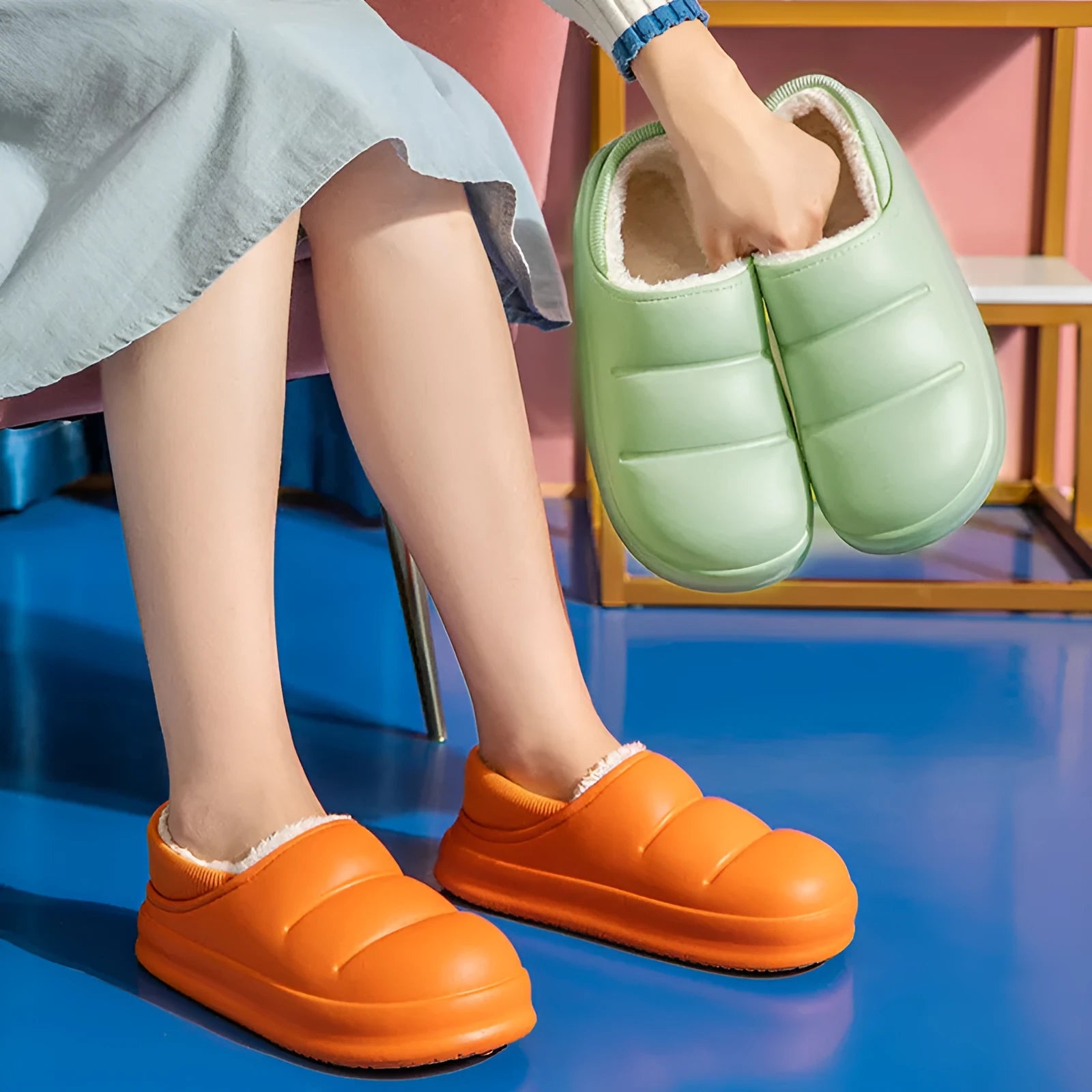 Waterproof EVA winter slippers with plush lining in multiple colours showing non-slip soles