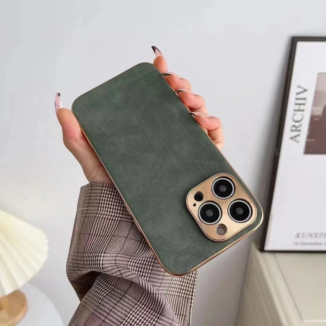 Leather texture phone case for iPhone shown in black, blue, grey, and grey-green colours.