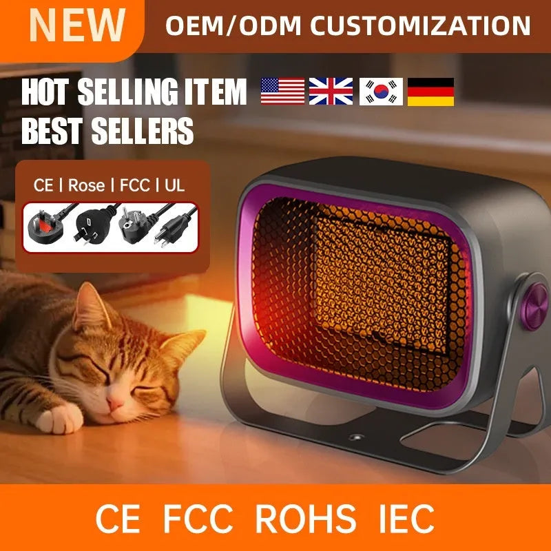 Compact desktop ceramic heater in grey colour with push-button controls