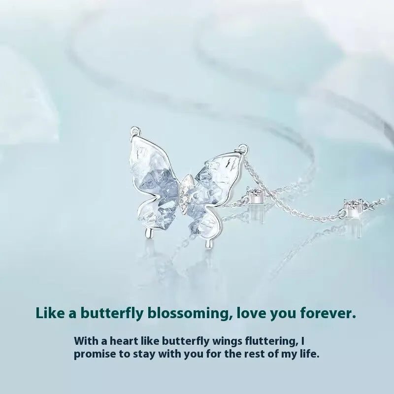 Women's S925 silver necklace with ice rain butterfly pendant on adjustable chain