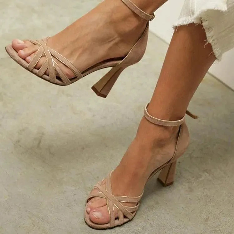 Apricot suede women's high heel sandals with fish mouth peep toe design on rubber sole