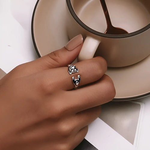 Adjustable sterling silver panda ring bracelet with white gold plating and open design