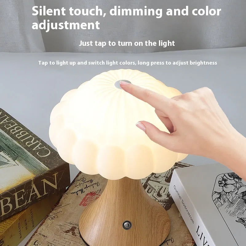 Creative mushroom-shaped night light in wood grain finish with USB charging port