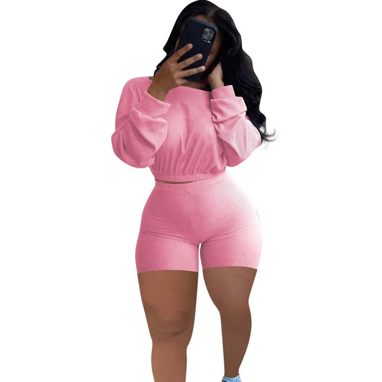 Women's sunken stripe solid colour off-the-shoulder two-piece set with long sleeves and shorts.