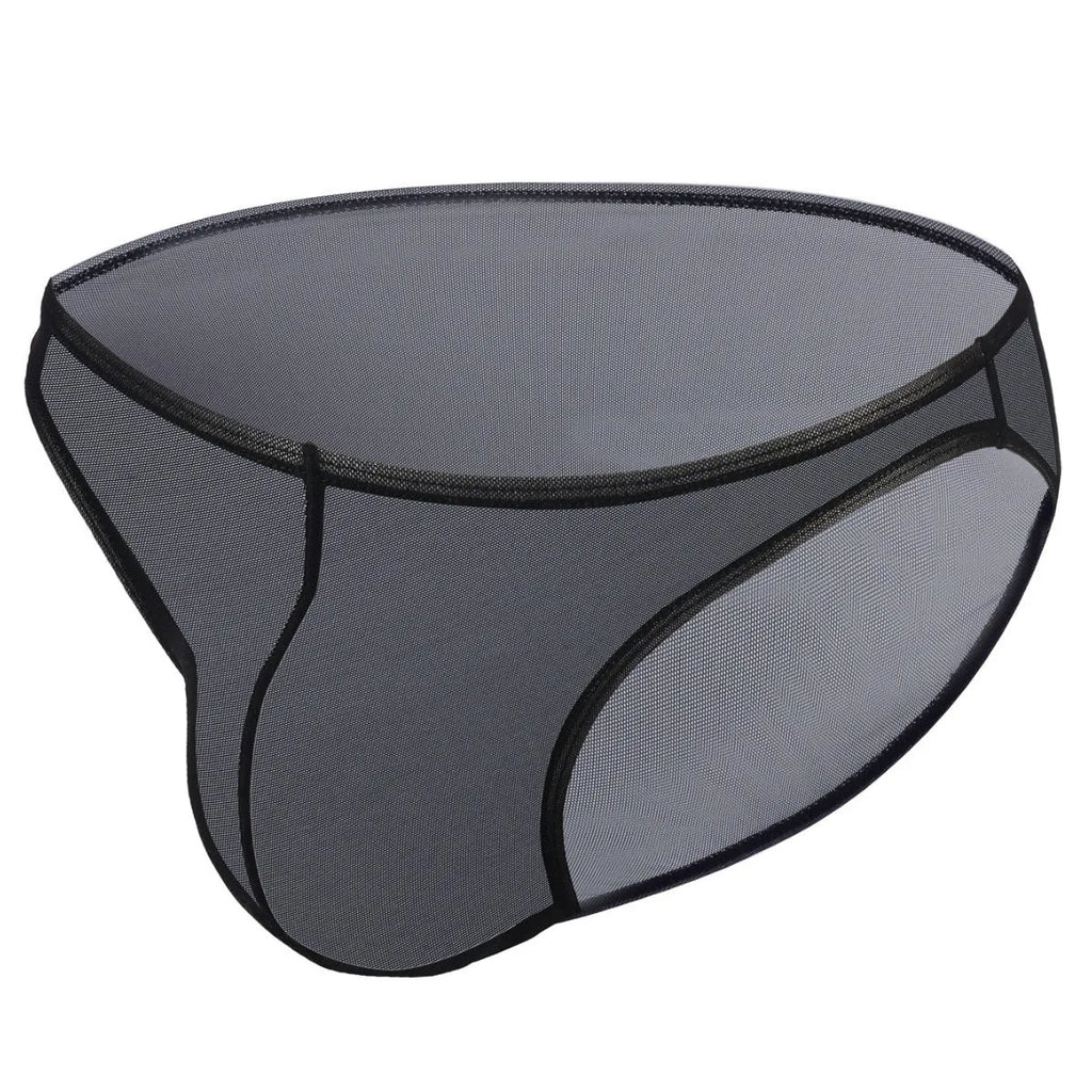 Men's black ice silk triangle briefs with mid waist design showing quick-drying nylon fabric texture
