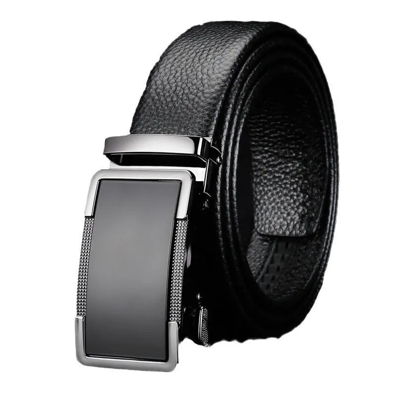 Men's leather automatic buckle belt in gun black, silver, or gold colour, showing the comfort click mechanism.