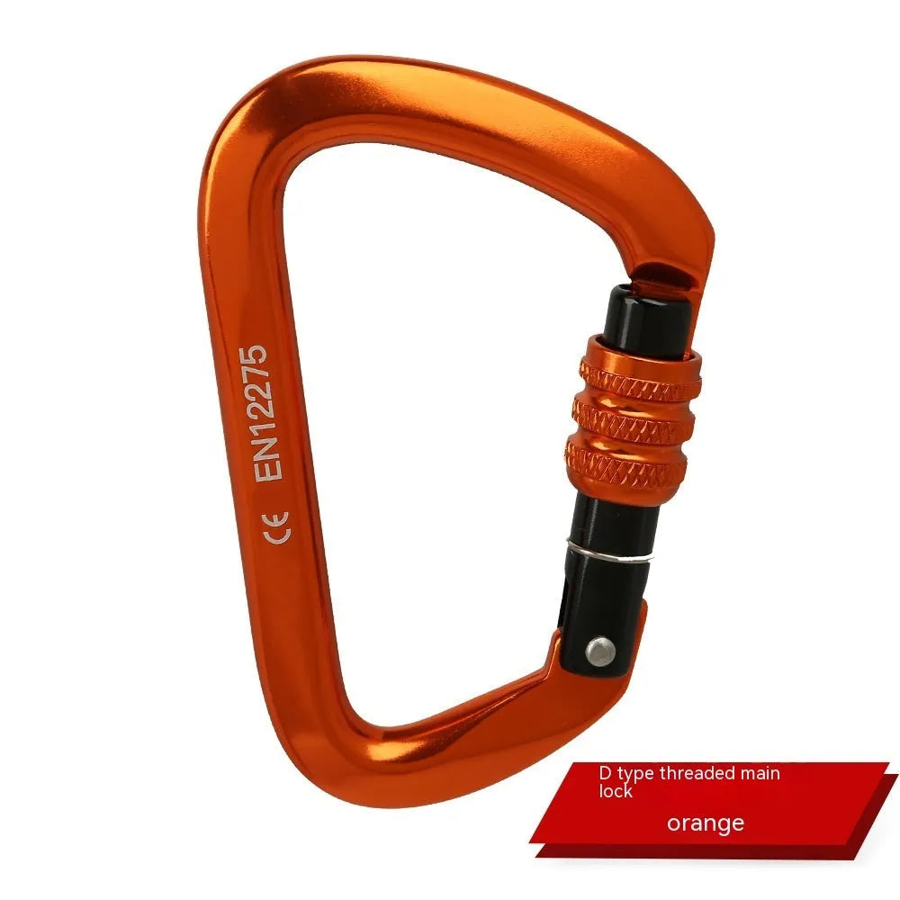 D-shaped rock climbing carabiner main lock with choice of threaded or automatic gate closure, shown in multiple colours.