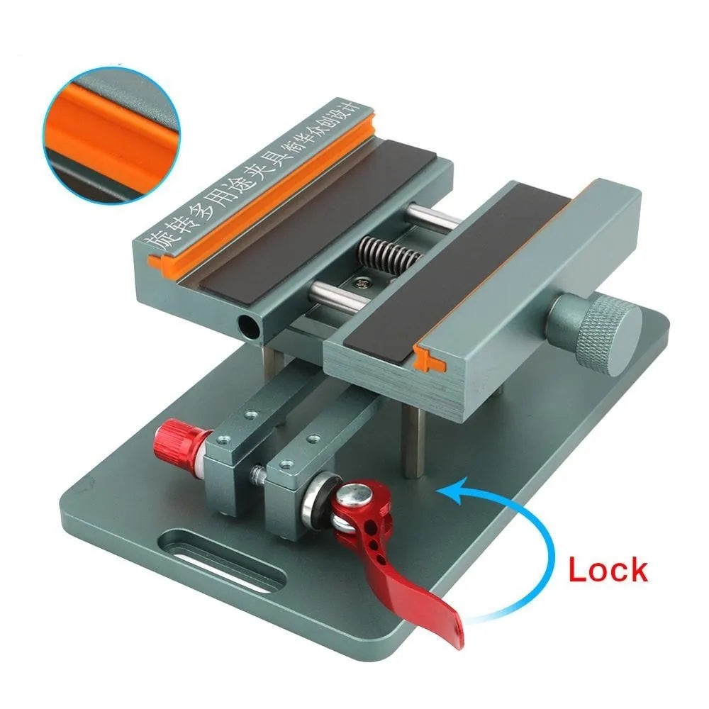 Mobile phone rear cover glass fixing fixture with adjustable clamp and demolition crowbar tool