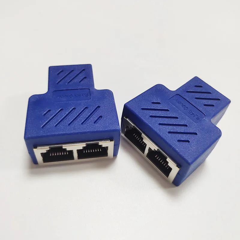 RJ45 network cable splitter adapter in multiple colours, showing one input and two output ports.