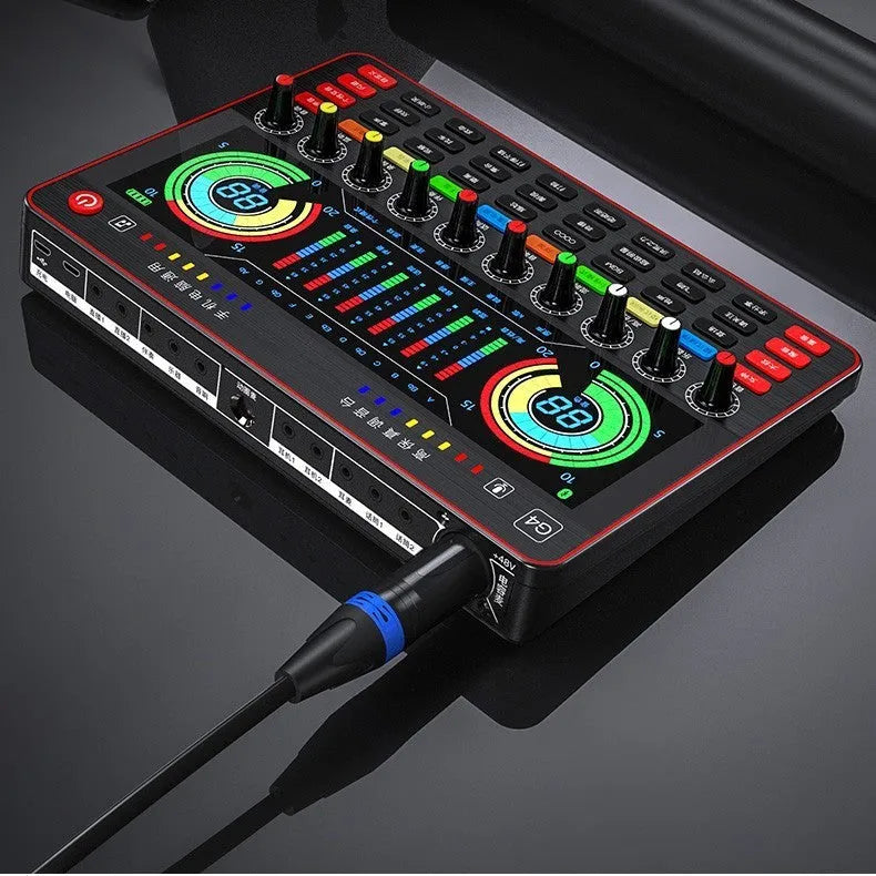 G4 professional sound card mixer with Q8 capacitor microphone, LCD screen, and tuning knobs for live streaming setup