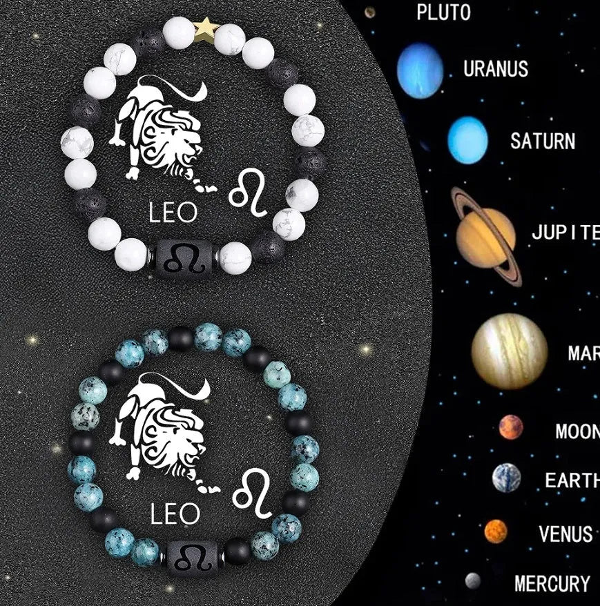 Set of twelve natural stone beaded bracelets showing different zodiac sign designs.