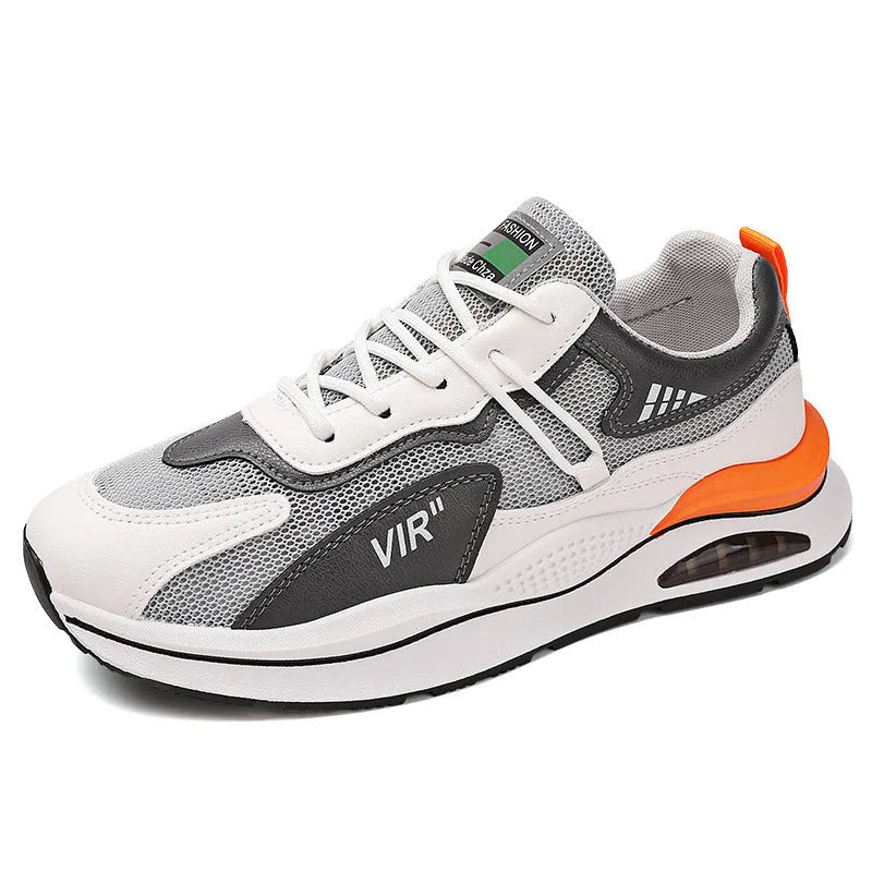 Men's gray and black mesh running shoes with a round toe and middle-top design on a white background.