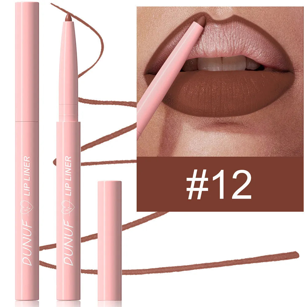 12 Colour Velvet Matte Lip Liner pencil showing range of nude, berry and brown shades.