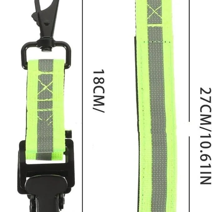 Fluorescent green metal safety glove clip with reflective tape for PPE organisation.
